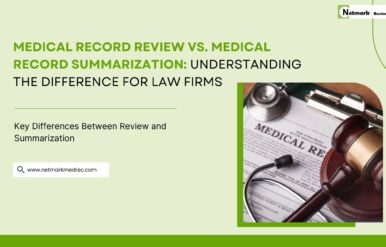 1 Netmark medical record review vs. medical record summarization for law firms, featuring a medical document, stethoscope, and judge’s gavel.